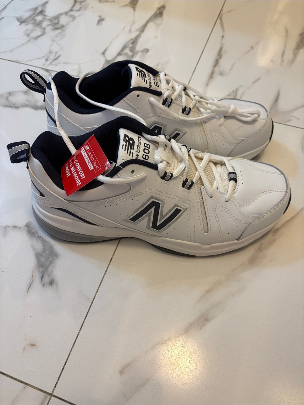 New Balance White and Navy 608 Lace-Up Sneakers